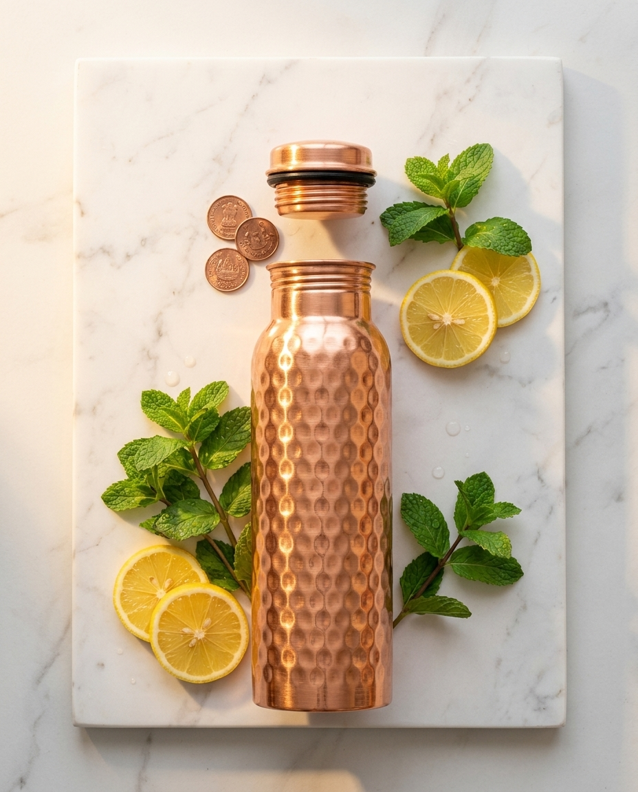 Pure copper hammered water bottle - premium lifestyle shot
