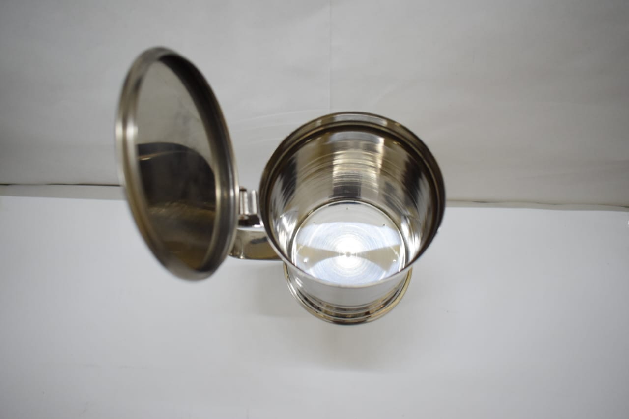 Stainless Steel Beer Mug - flip lid hinge close-up