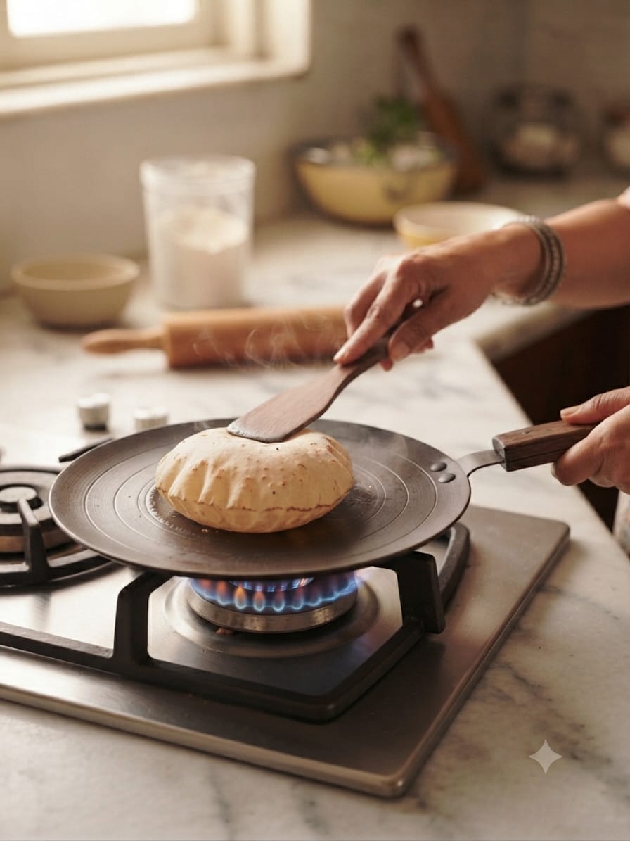 Loha Tawa cooking roti on gas flame wooden spatula