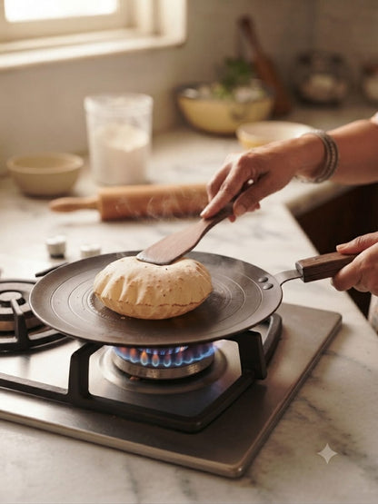Loha Tawa cooking roti on gas flame wooden spatula