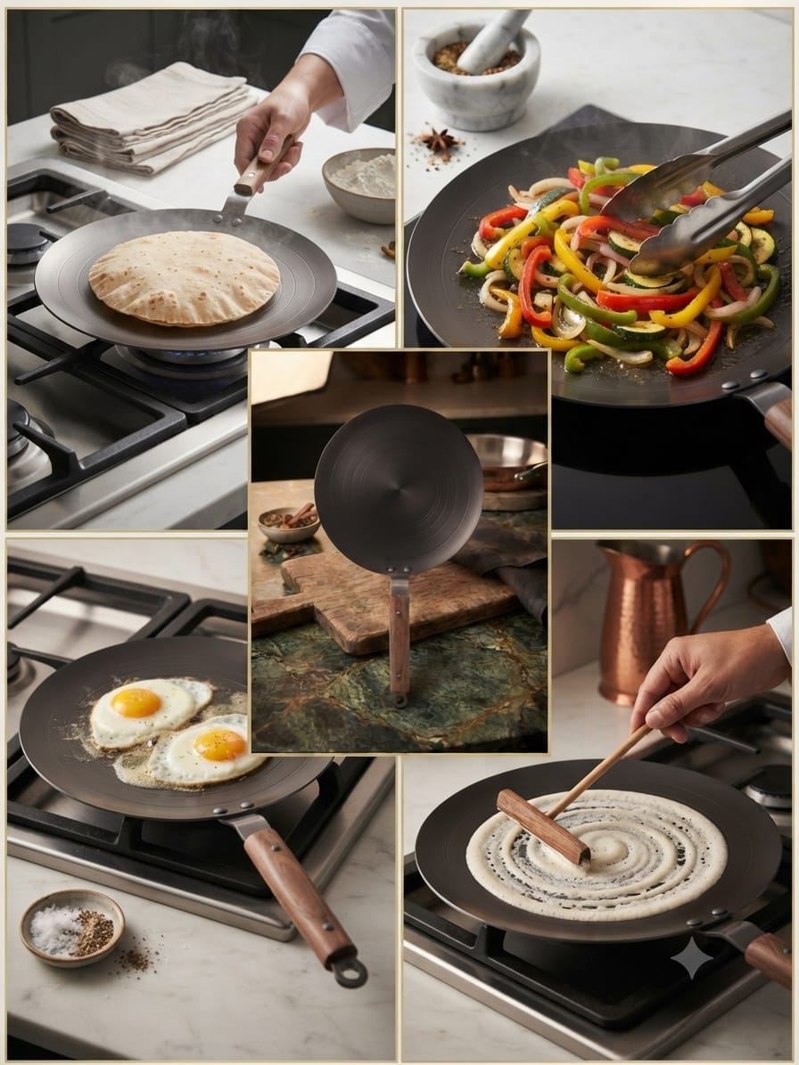 Loha Tawa iron tawa lifestyle collage roti chapati eggs vegetables