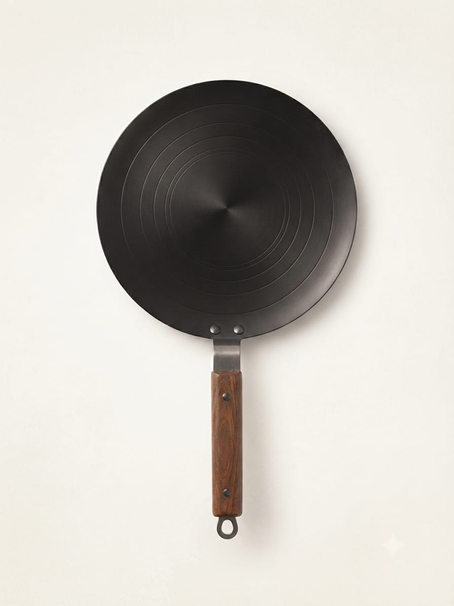 Loha Tawa Pure Iron Roti Chapati Tawa 32CM overhead view wooden handle