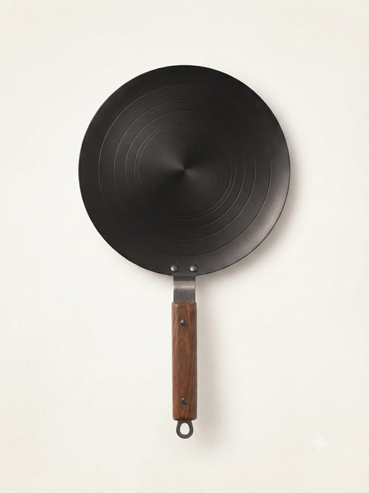 Loha Tawa Pure Iron Roti Chapati Tawa 32CM overhead view wooden handle