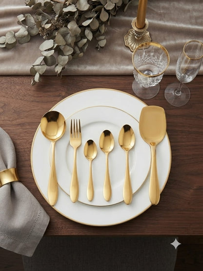 Zafran Gold Cutlery Set – 29 Piece Non-Magnetic Stainless Steel with Stand | PVD Gold Finish