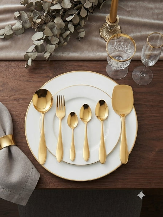 Zafran Gold Cutlery Set – 29 Piece Non-Magnetic Stainless Steel with Stand | PVD Gold Finish