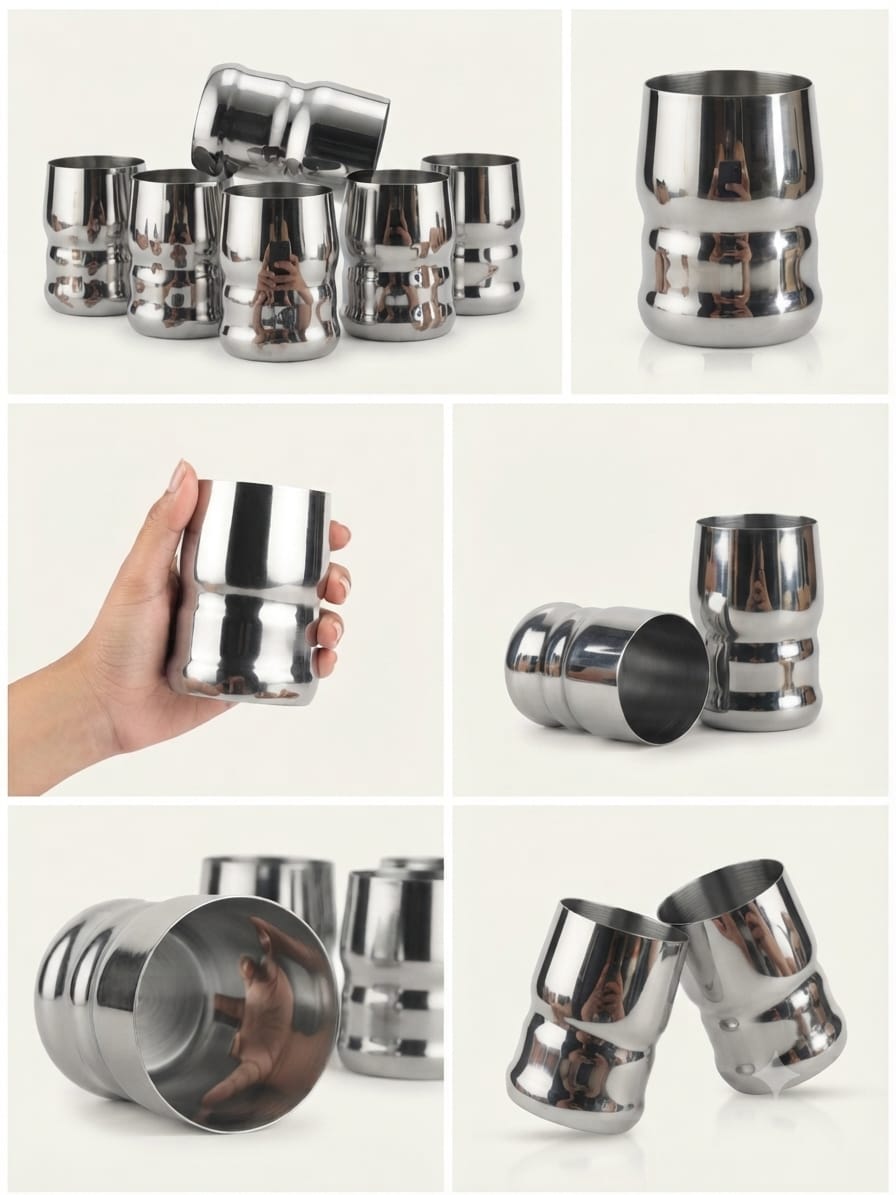 Barrel Steel Glass Set – 6Pc Stainless Steel Water Glasses | Mirror Polish | 400ml