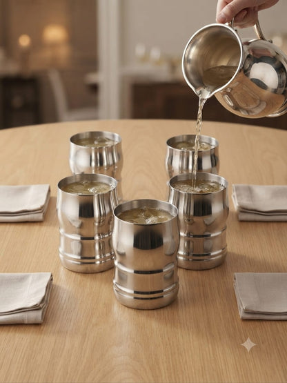 Barrel Steel Glass Set – 6Pc Stainless Steel Water Glasses | Mirror Polish | 400ml