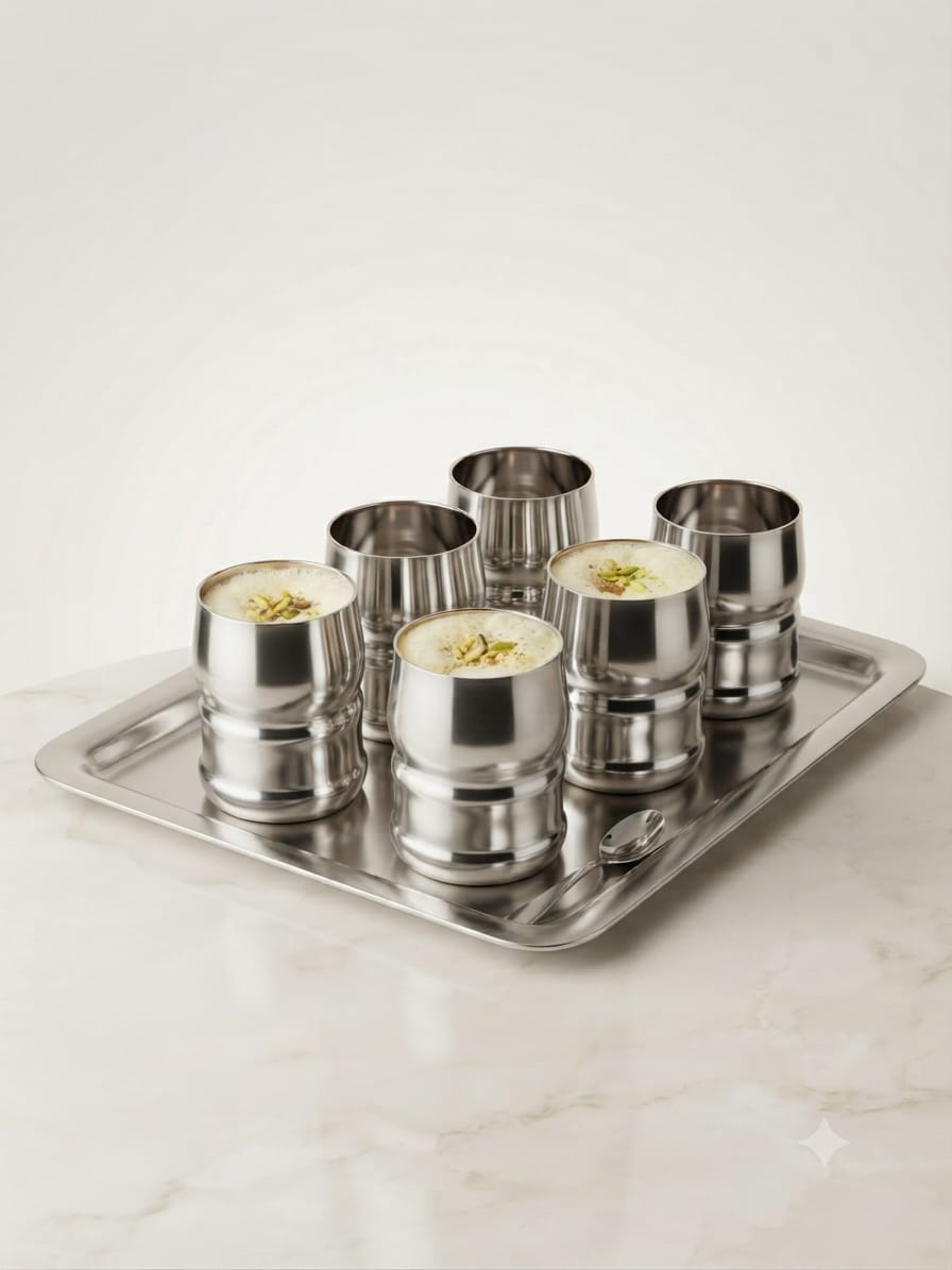 Barrel Steel Glass Set – 6Pc Stainless Steel Water Glasses | Mirror Polish | 400ml