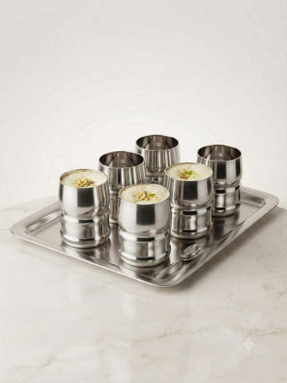 Barrel Steel Glass Set – 6Pc Stainless Steel Water Glasses | Mirror Polish | 400ml