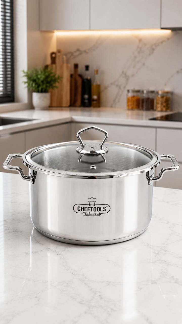 ChefTools Stainless Steel Casserole Pot Non-Induction with Glass Lid - modern kitchen lifestyle