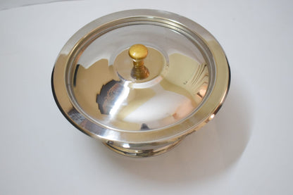 Salan Saver stainless steel serving bowl open lid beside bowl angle