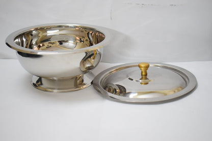 Salan Saver stainless steel serving bowl with lid leaning angle view