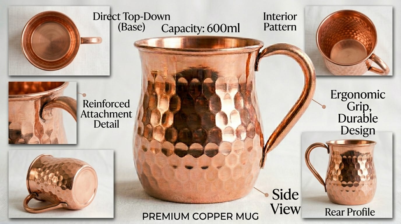 Tamra Mug 100% pure copper mug with hammered finish - full collage view