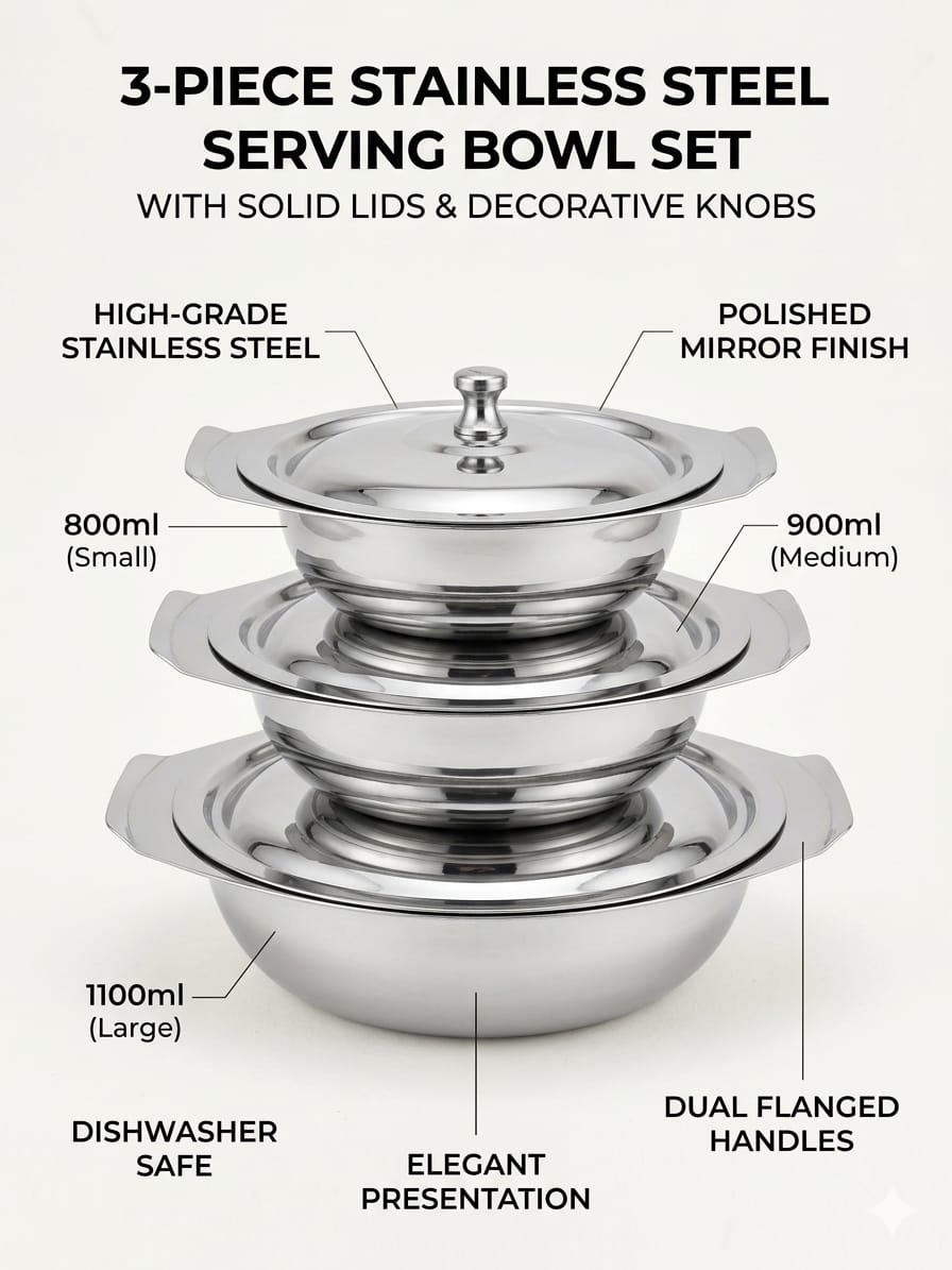 Daawat 3-Piece Stainless Steel Serving Bowl Set with Lids – Mirror Finish