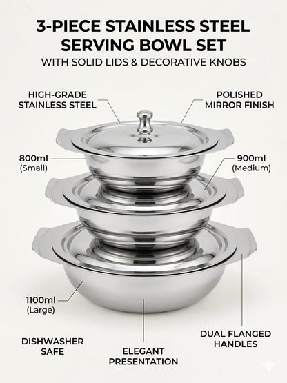 Daawat 3-Piece Stainless Steel Serving Bowl Set with Lids – Mirror Finish