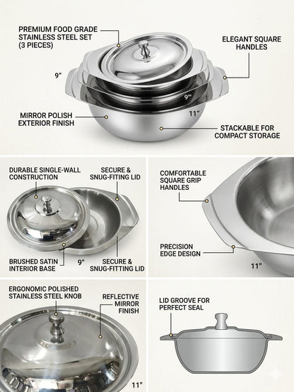 Stainless Steel Serving Bowl Set 800ml 900ml 1100ml with Decorative Knob Lids