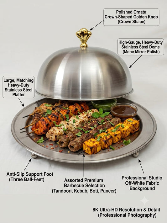 Mehfil BBQ Platter – Stainless Steel Dome with Golden Crown Knob | ChefTools Pakistan