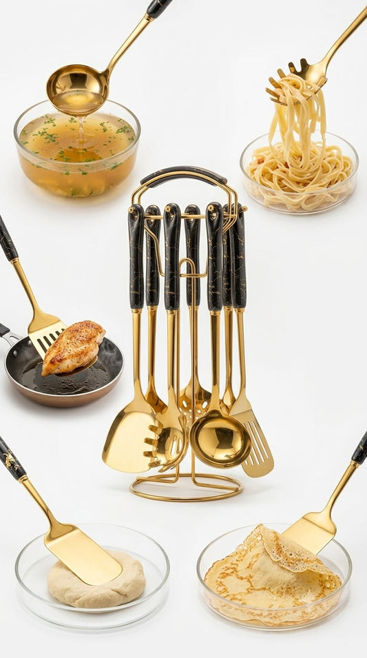 Royal Kitchen Tools Set - gold utensil set with marble stone handle