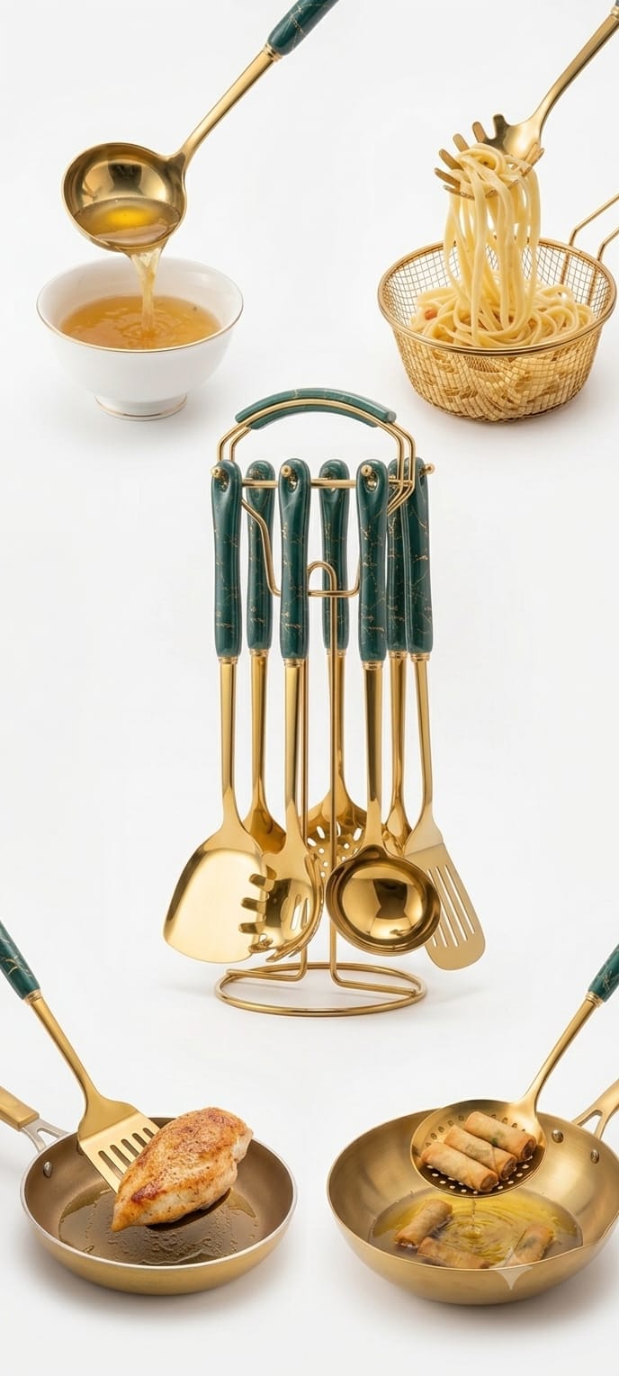 Royal Kitchen Tools Set - premium gold cooking tools with hanging stand