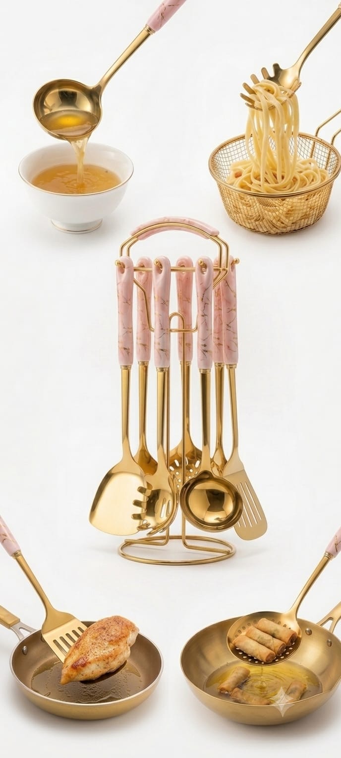 Royal Kitchen Tools Set - luxury gold cooking set on stand