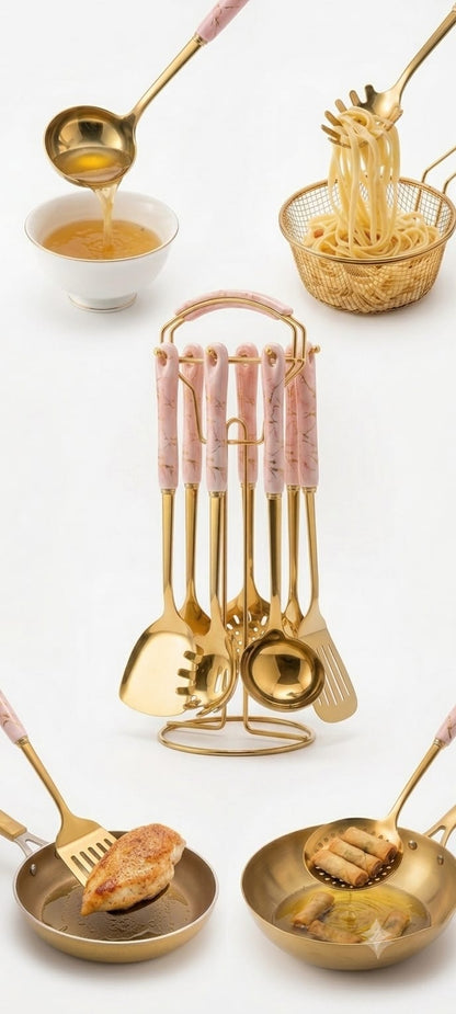 Royal Kitchen Tools Set - luxury gold cooking set on stand