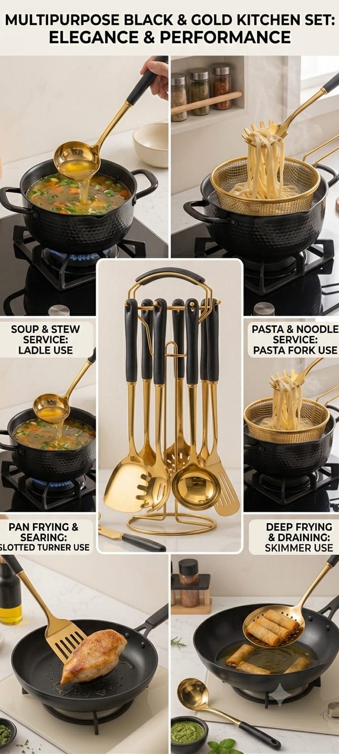 Royal Kitchen Tools Set 7 Piece Gold Cooking Utensils with Stand - Multipurpose use guide
