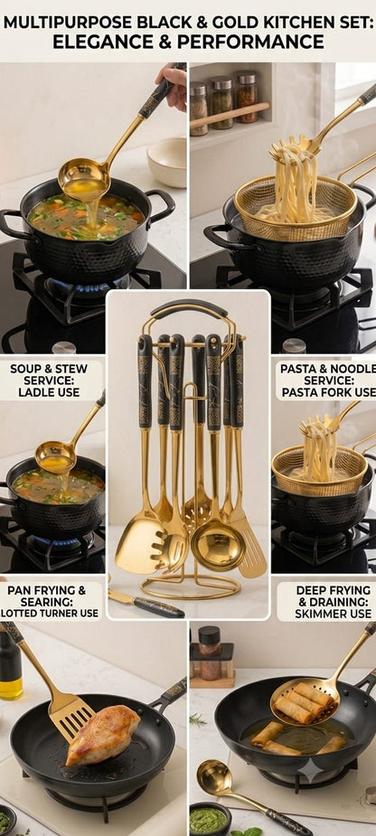 Royal Kitchen Tools Set - Gold cooking utensils with stone handle on stand