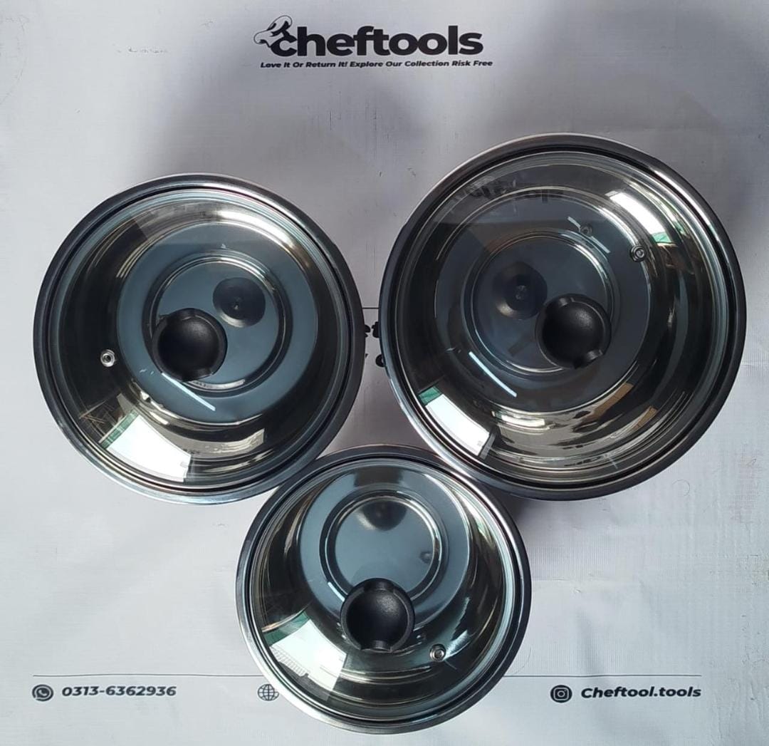 Steel serving bowls with glass lids - 3 sizes nesting design