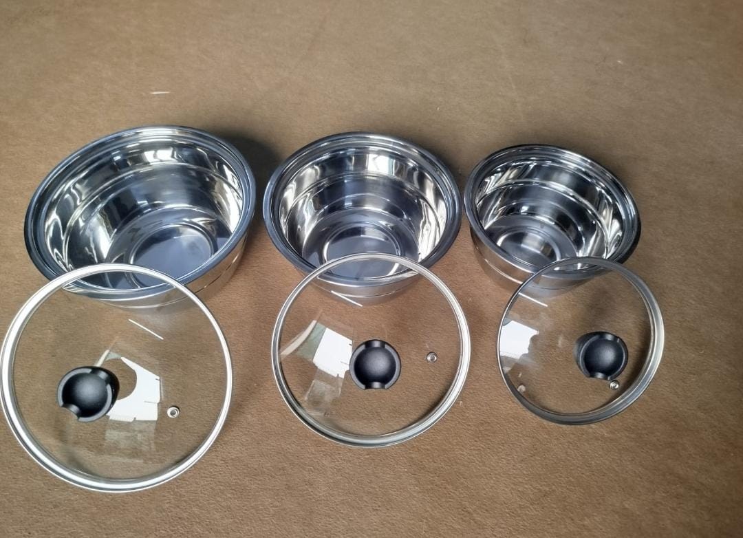 3 piece steel bowl set with glass lids - food storage