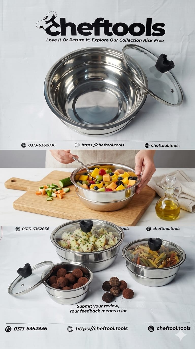Nesting Steel Serving Bowl Set with Glass Lid 3 Piece - ChefTools branded