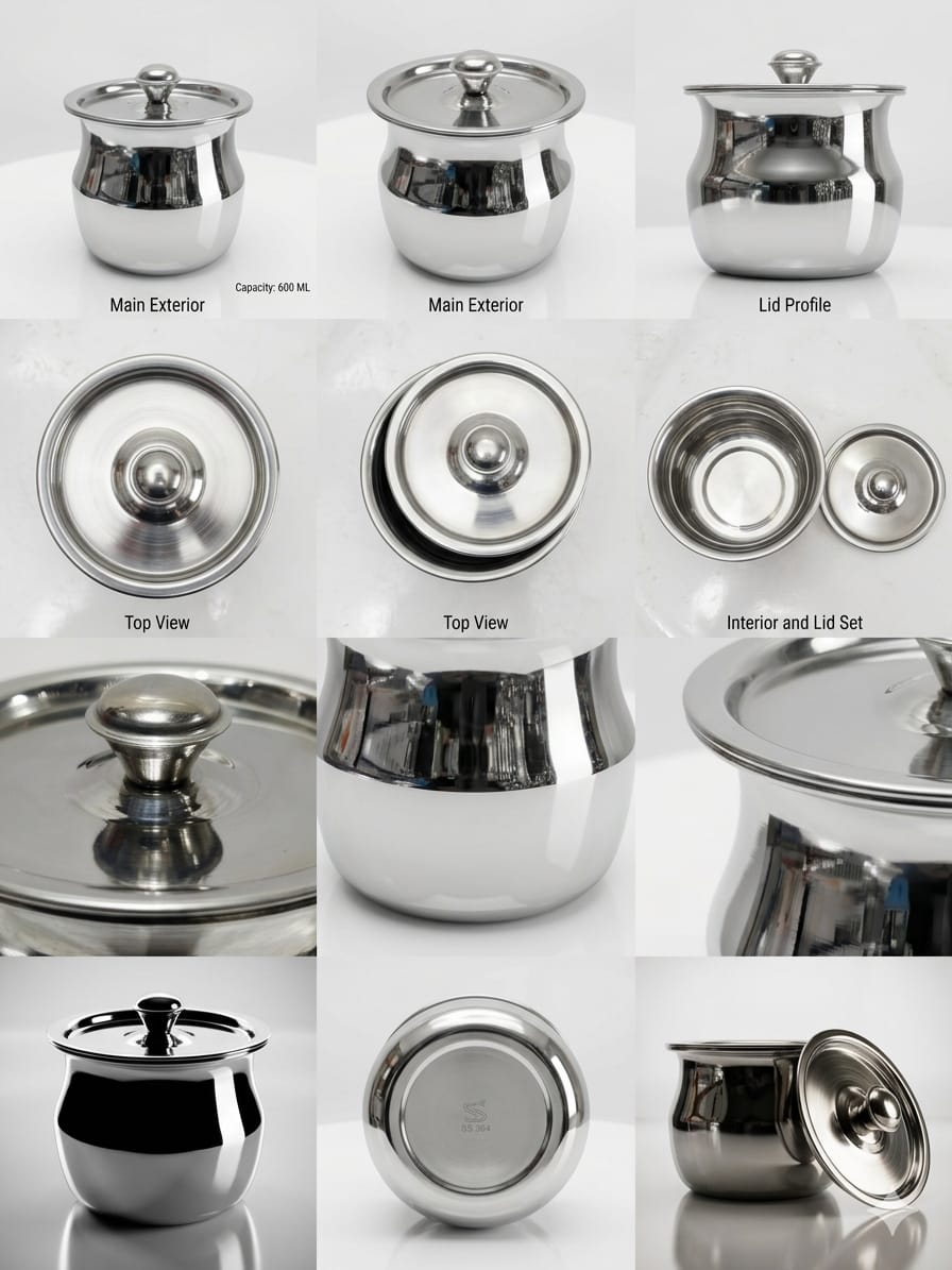 Zar Handi SS 304 Stainless Steel Pot with Lid 600ML - Multi-angle product shots