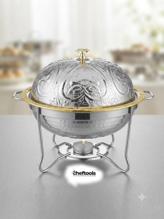 Naqsh Serving Dish - Engraved Dome Food Warmer with Golden Border and Candle Stand - ChefTools