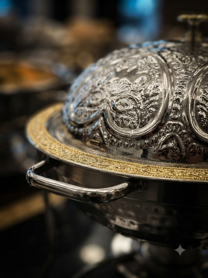 Royal Chafing Dish – Embossed Dome Food Warmer with Tealight Stand | Hammered Steel