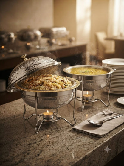 Royal Chafing Dish – Embossed Dome Food Warmer with Tealight Stand | Hammered Steel