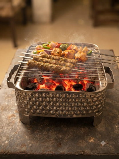 Tabletop BBQ Angeethi – Hammered Stainless Steel Charcoal Serving Grill | 3 Sizes