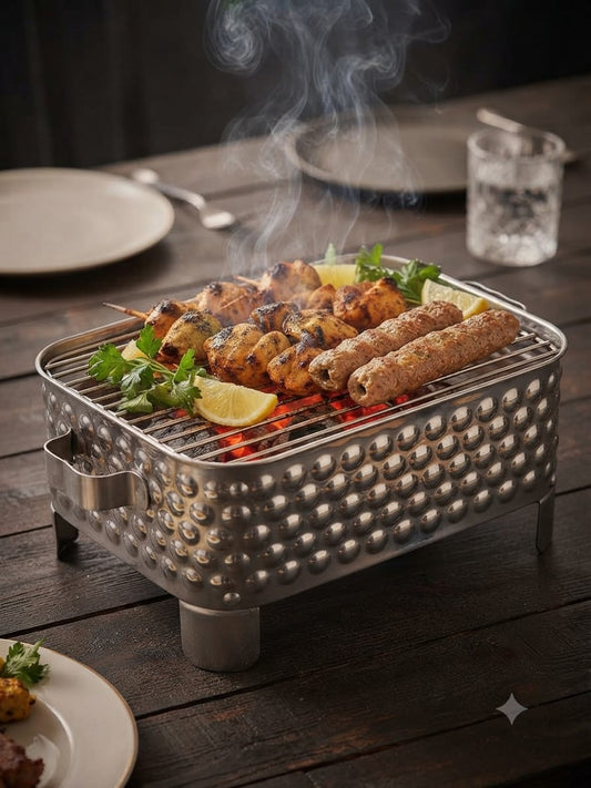 Tabletop BBQ Angeethi – Hammered Stainless Steel Charcoal Serving Grill | 3 Sizes