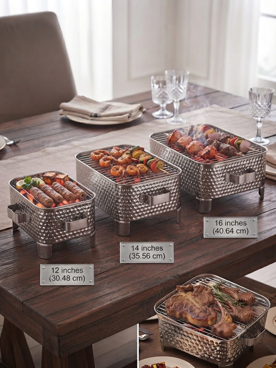 Tabletop BBQ Angeethi – Hammered Stainless Steel Charcoal Serving Grill | 3 Sizes
