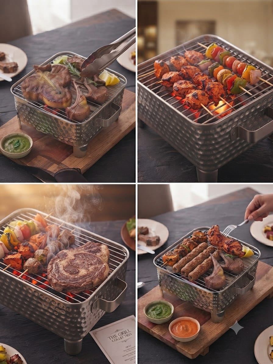 Tabletop BBQ Angeethi – Hammered Stainless Steel Charcoal Serving Grill | 3 Sizes