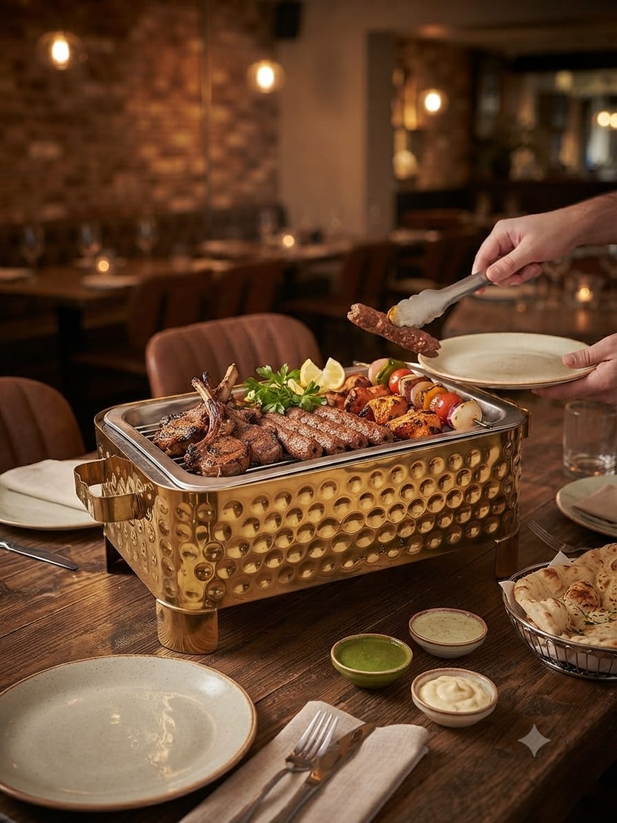 Golden BBQ Angeethi - PVD Gold Hammered Charcoal Serving Grill with BBQ platter restaurant style