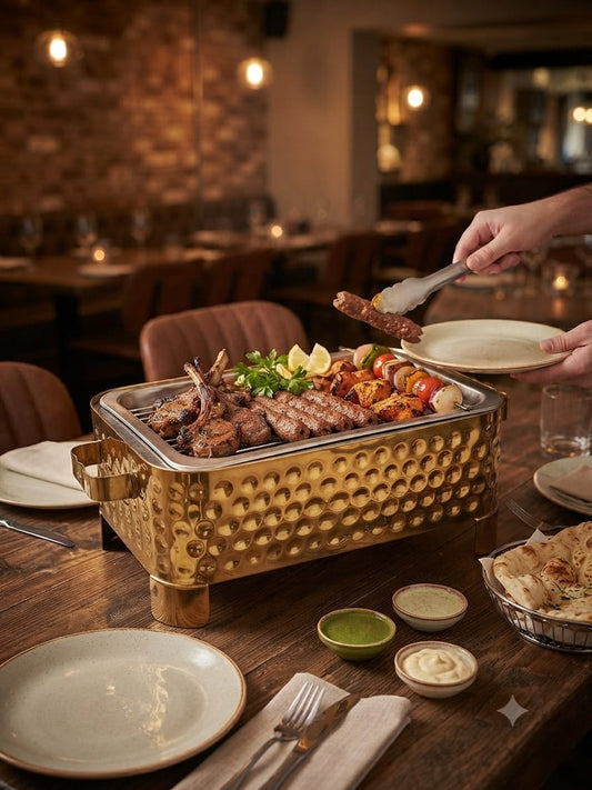 Golden BBQ Angeethi - PVD Gold Hammered Charcoal Serving Grill with BBQ platter restaurant style