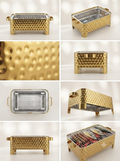 Golden BBQ Angeethi – PVD Gold Hammered Charcoal Serving Grill | 3 Sizes