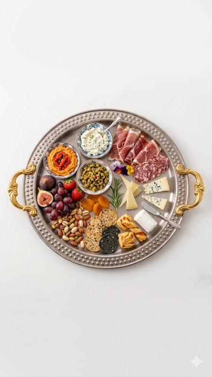 Daawat Round Tray - Steel Serving Platter with Golden Handles and dotted rim - grazing platter