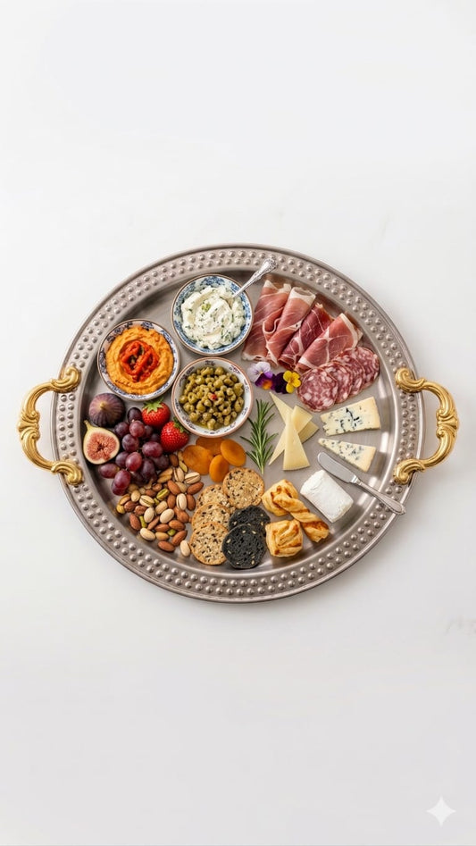 Daawat Round Tray - Steel Serving Platter with Golden Handles and dotted rim - grazing platter