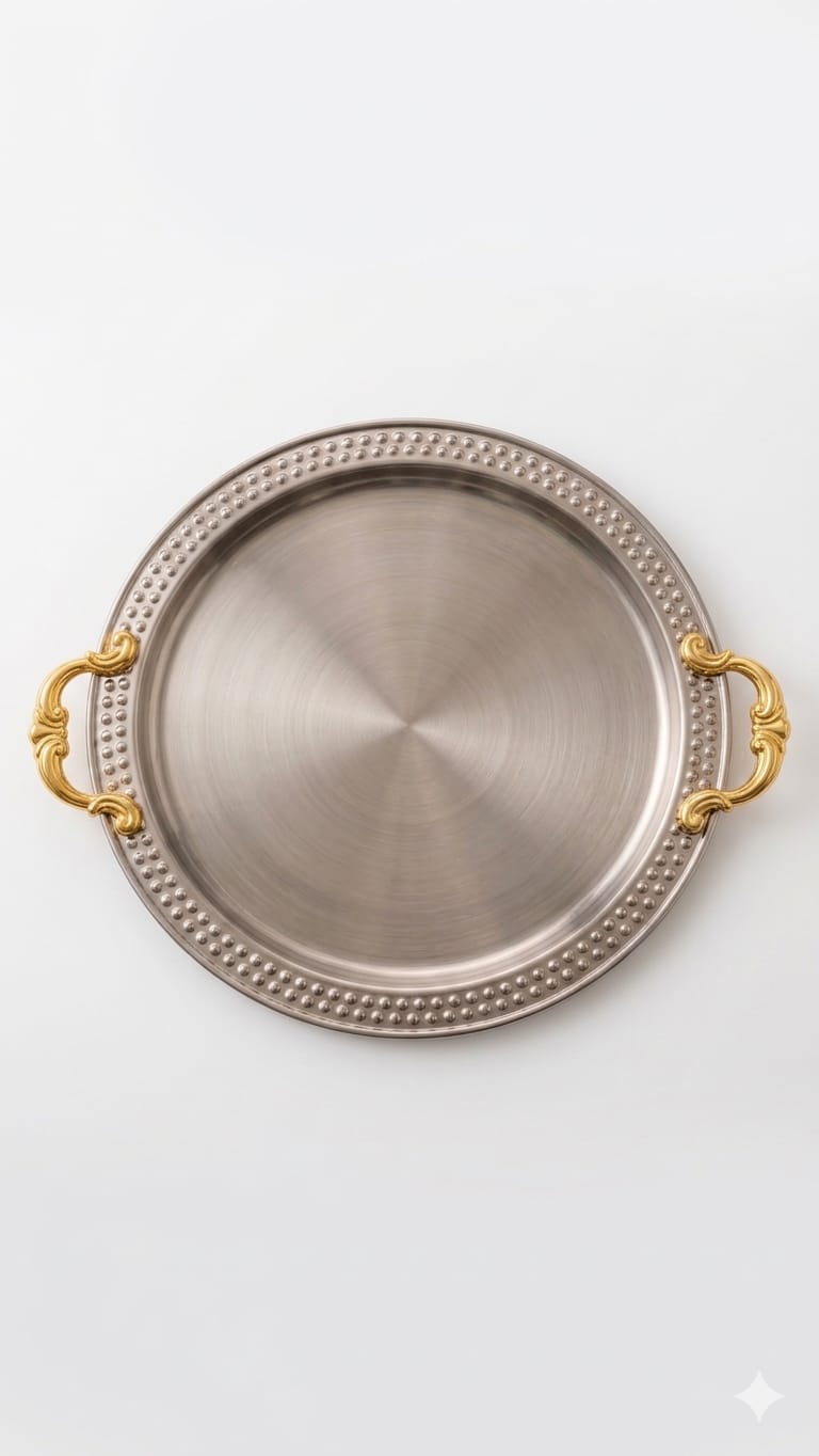 Daawat Round Tray – Steel Serving Platter with Golden Handles | 3 Sizes