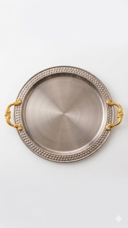 Daawat Round Tray – Steel Serving Platter with Golden Handles | 3 Sizes