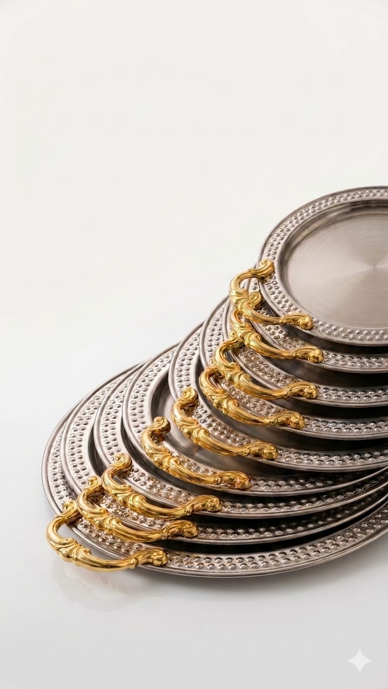Daawat Round Tray – Steel Serving Platter with Golden Handles | 3 Sizes