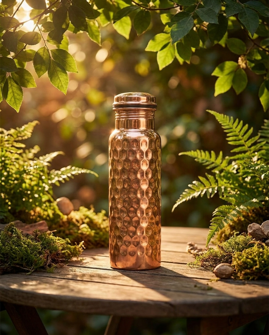 Detox Copper Water Bottle hammered design - golden hour garden lifestyle
