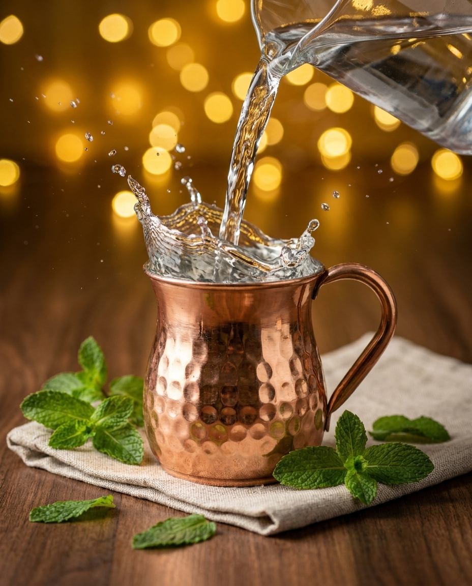 Sehat Jaam Copper Mug - water splash being poured into hammered copper mug with mint leaves bokeh lights