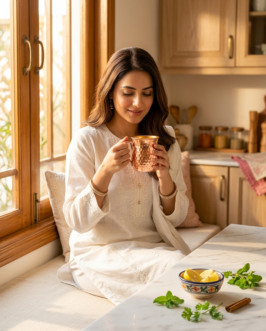 Sehat Jaam Copper Mug - Pakistani woman in white kurta holding hammered copper mug by kitchen window