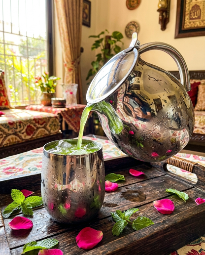 Plain Steel Jug pouring juice into steel glass Pakistani living room